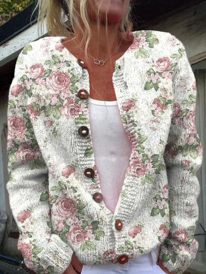 Cardigan com botões e estampado de rosas cor-de-rosa