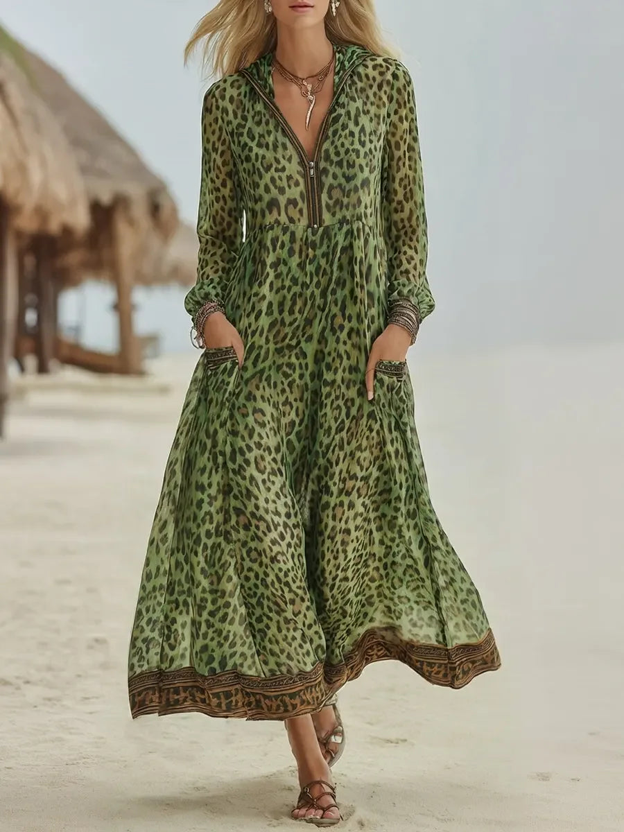 Vestido midi retro casual para mulher com estampa de leopardo