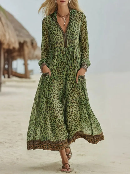 Vestido midi retro casual para mulher com estampa de leopardo