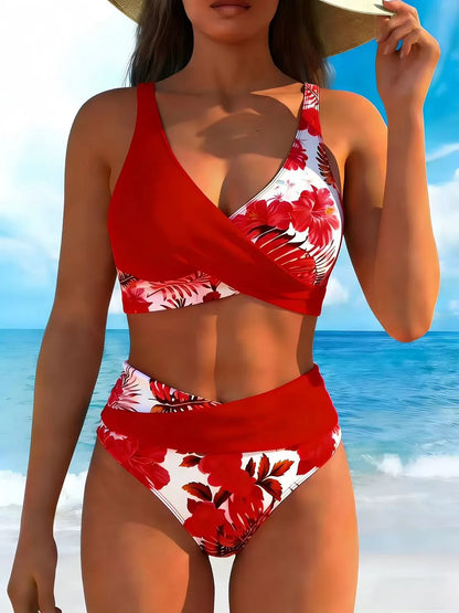 Conjunto de biquíni de cintura alta para mulher com estampado floral