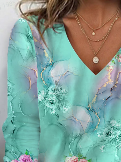 Blusa floral de manga comprida com decote em V e estampado casual primavera outono