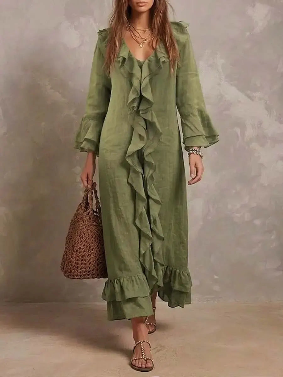 Vestido casual feminino moderno em algodão e linho