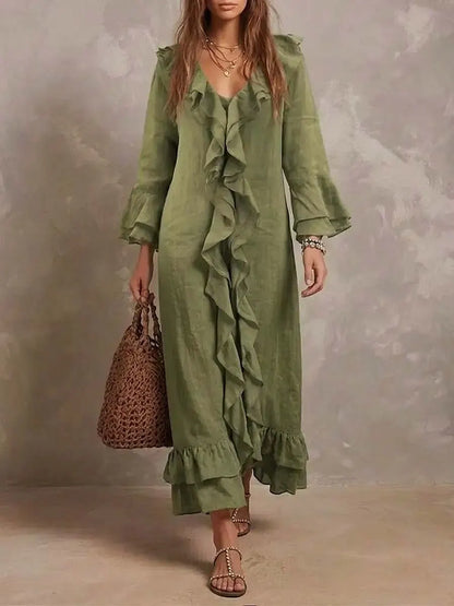 Vestido casual feminino moderno em algodão e linho