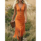 ✨ Vestido vintage justo e sem mangas em estilo Western — Bainha com franjas, fecho frontal, estilo cowgirl.