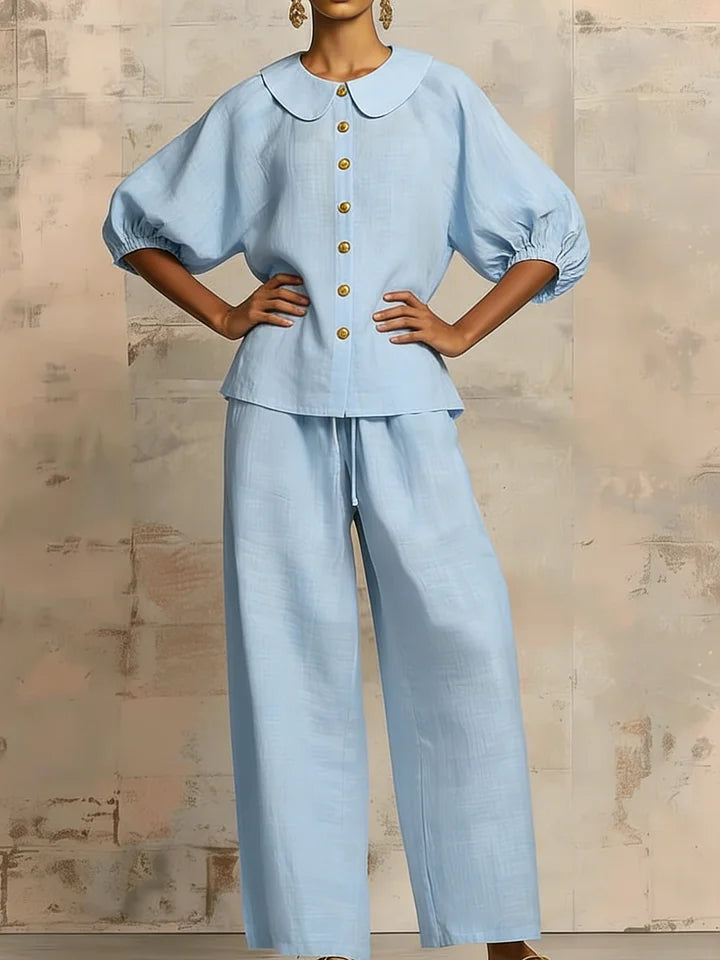Elegante conjunto de linho de duas peças, composto por camisa e calças de pernas largas