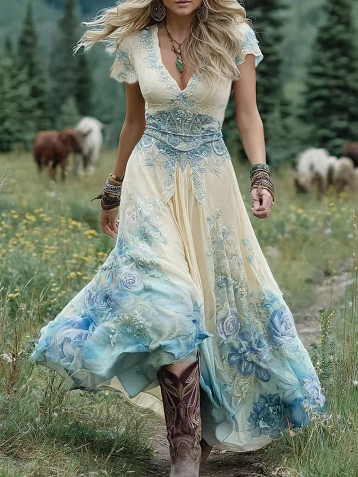 Vestido comprido elegante com estampado floral