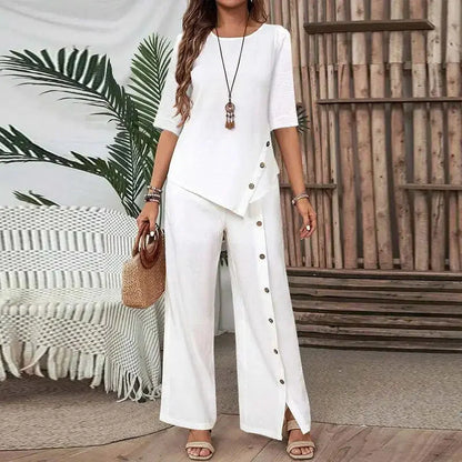 ⏰Conjunto de duas peças para mulher: blusa com bainha irregular e calças pantalona