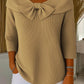 Camisola de malha de cor sólida para mulher com gola redonda, mangas 3/4 e gravata borboleta, adequada para uso diário
