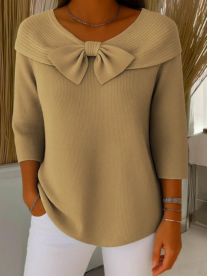 Camisola de malha de cor sólida para mulher com gola redonda, mangas 3/4 e gravata borboleta, adequada para uso diário