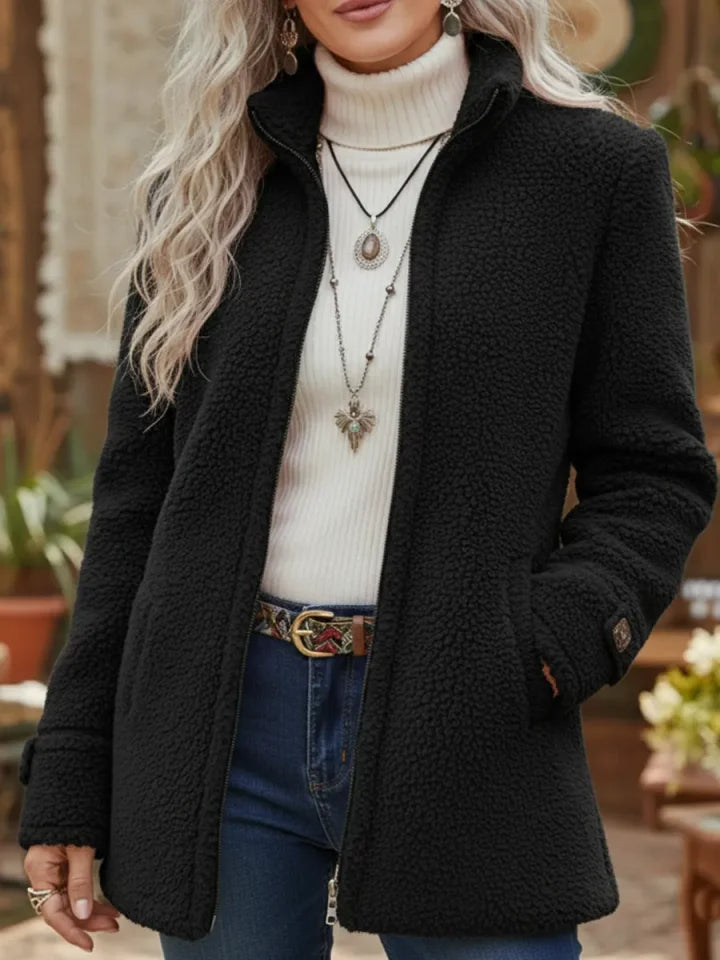 Casaco feminino casual de lã com fecho de correr