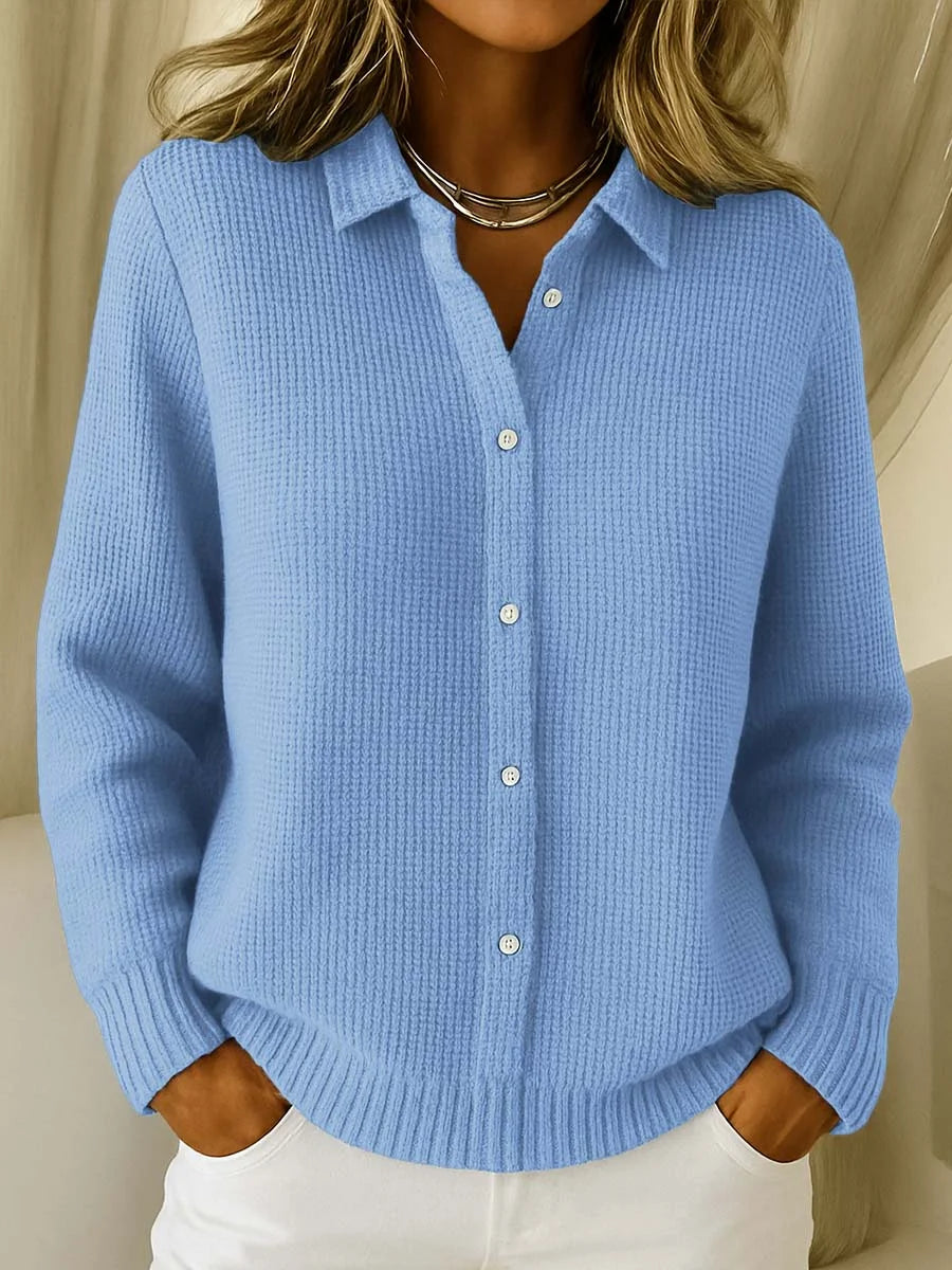 Cardigan de manga comprida e lapela para mulher, cor sólida