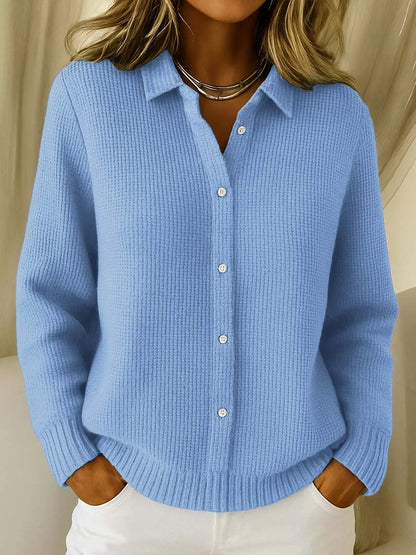 Cardigan de manga comprida e lapela para mulher, cor sólida
