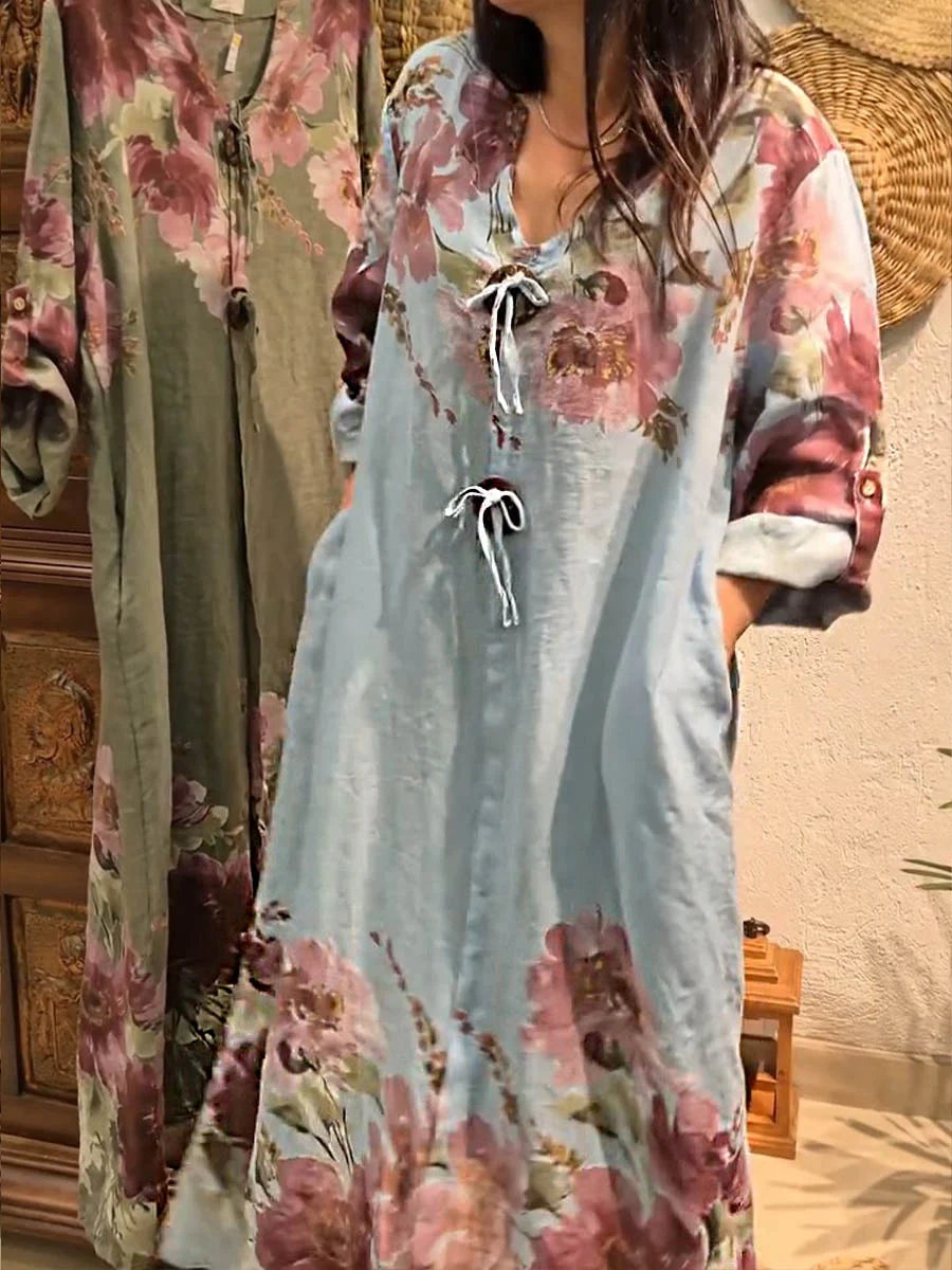 Vestido casual de mulher em algodão e linho com estampado vintage, mangas compridas e decote em V