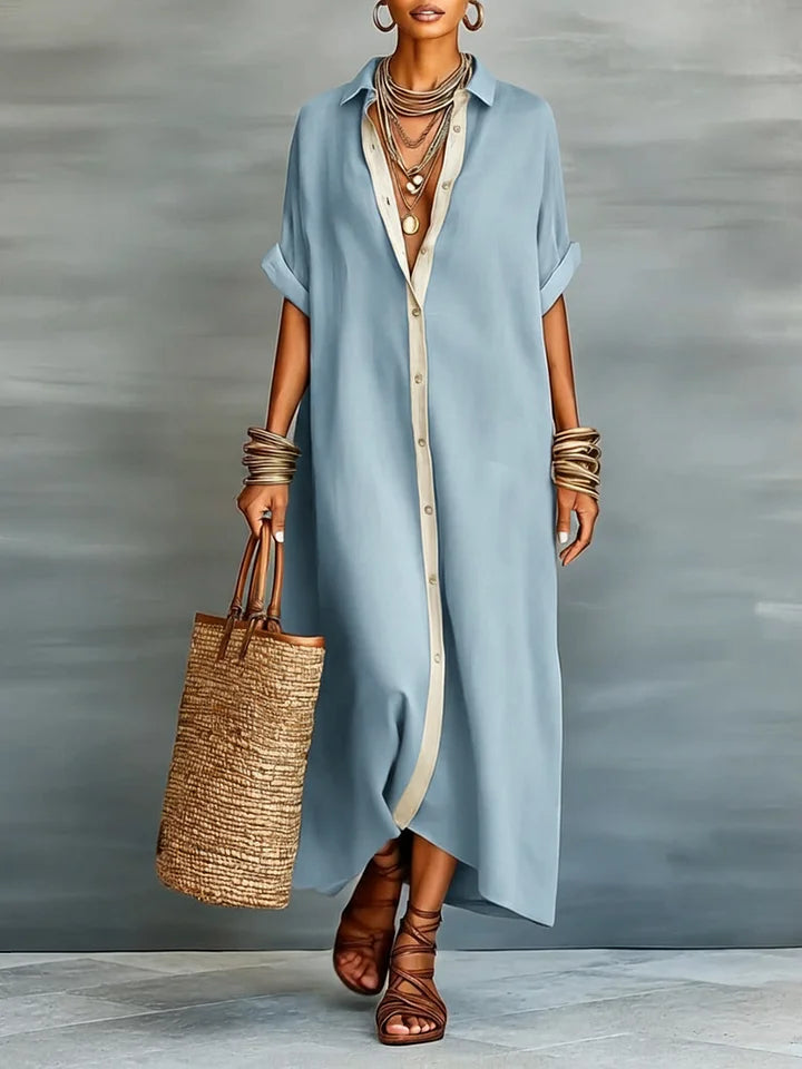 Vestido camiseiro largo para mulher em linho e algodão