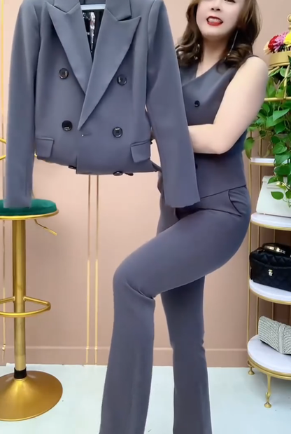 Conjunto de roupa de trabalho de três peças para mulher: colete + calças + casaco