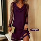Vestido feminino elegante com mangas de renda e decote drapeado
