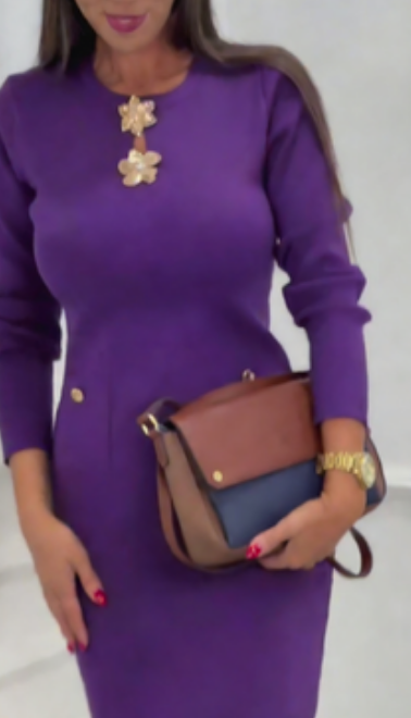 Vestido elegante de mangas compridas com gola redonda