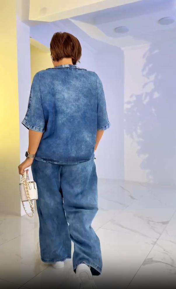 Conjunto de calças de verão para mulher com decote redondo e fecho