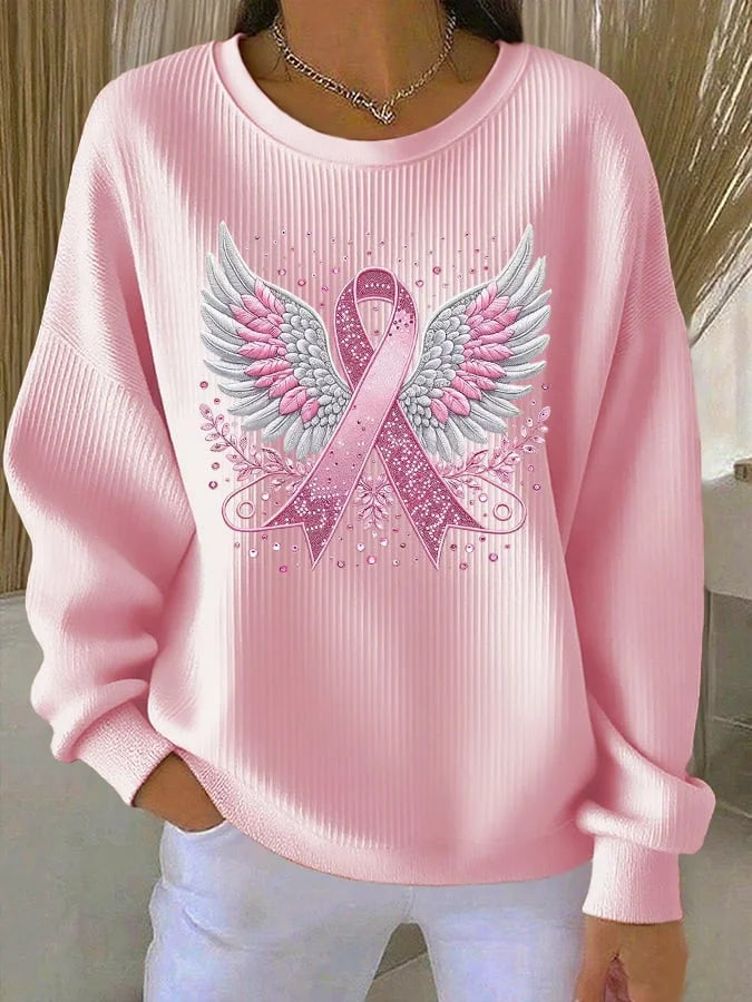 Sweatshirt casual para mulher com estampa de fita rosa e asas
