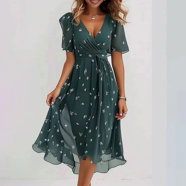 🔥 Elegante vestido de chiffon estampado com decote em V✨