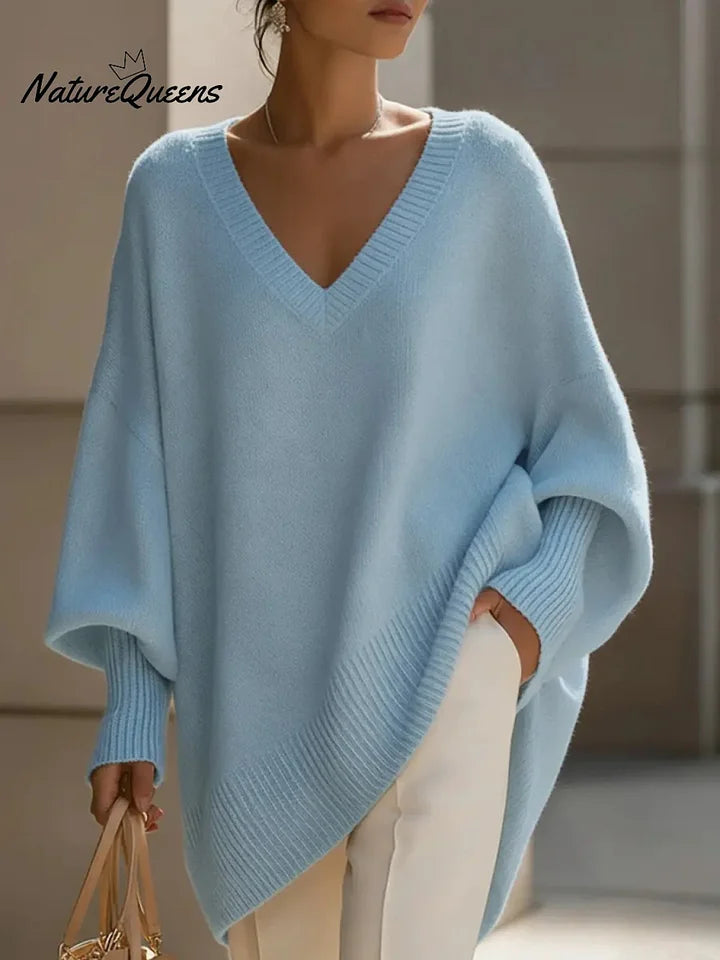 Camisola de malha de manga comprida com decote em V, cor sólida, corte casual e largo