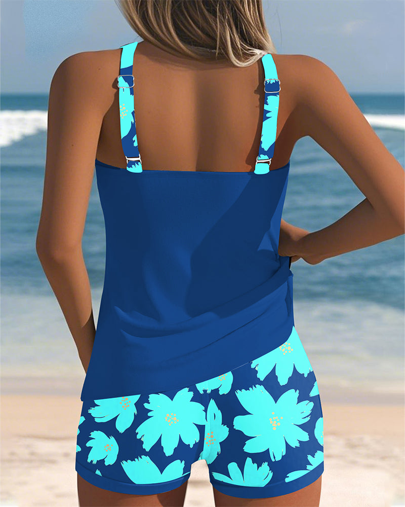 Tankini sem mangas estampado em forma de U