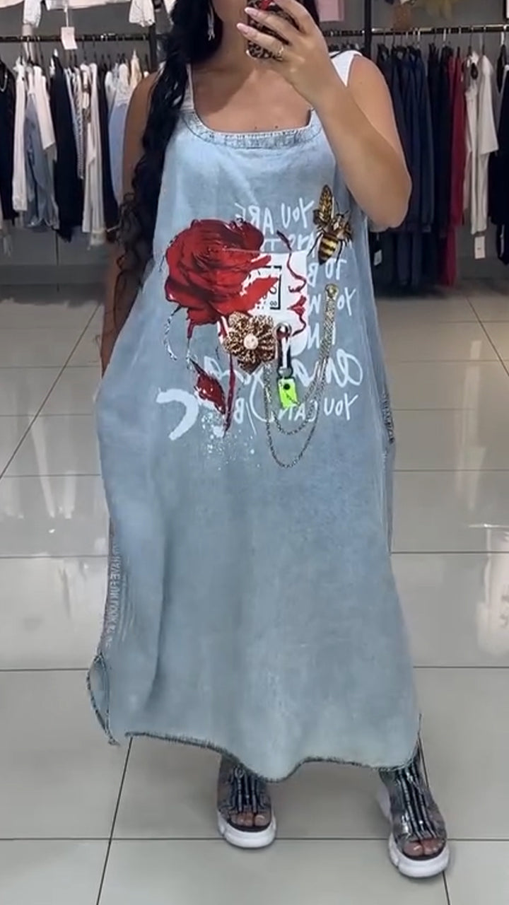 Vestido casual largo para mulher com decote em U e estampado Wash Water