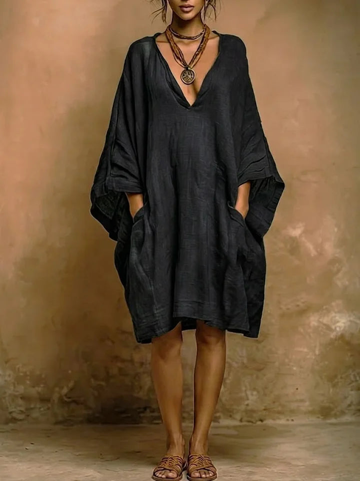 Vestido casual largo em linho e algodão