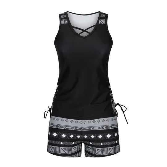 ⏰ Conjunto de Biquíni Feminino com Controlo do Abdómen (com Bojo Integrado) — Moda Praia Estilo Boho com Efeito Adelgaçante (com Calções) 🔥