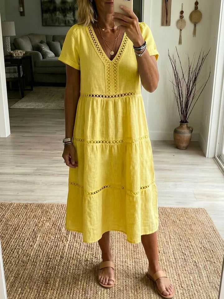 Vestido casual de retalhos em linho e algodão