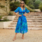 Vestido midi estampado com decote em V para mulher