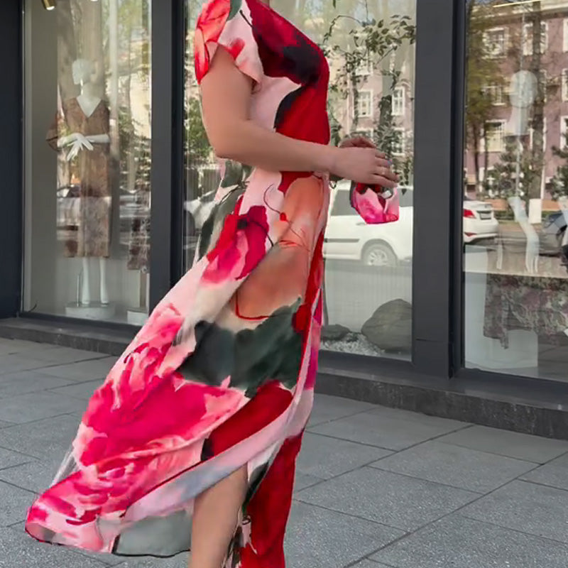 Vestido comprido elegante com estampado floral para mulher