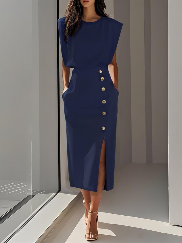 Vestido midi de cor sólida 2025