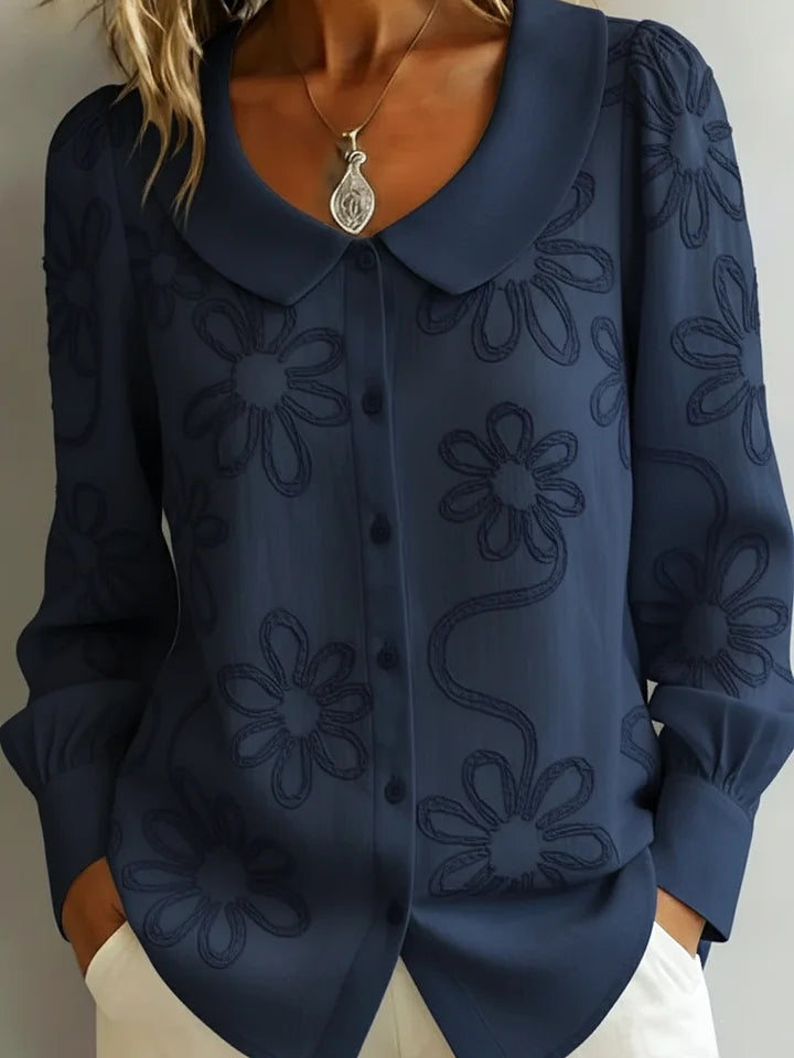 Camisola retro de gola redonda com bordado floral