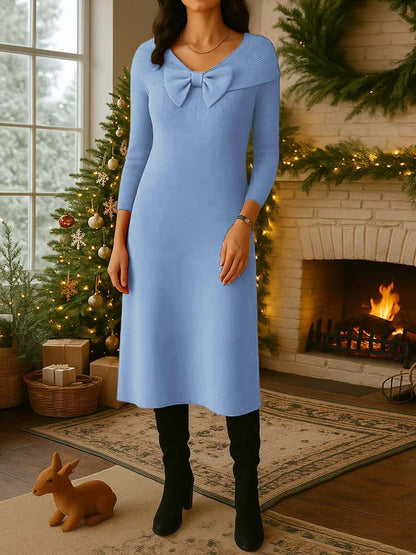 Vestido casual de malha solta para mulher, decote redondo, cor sólida, manga a três quartos