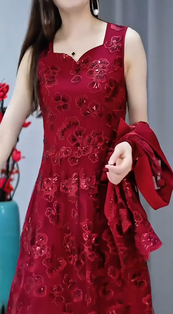 Conjunto de casaco de malha e vestido para mulher bordado com strass