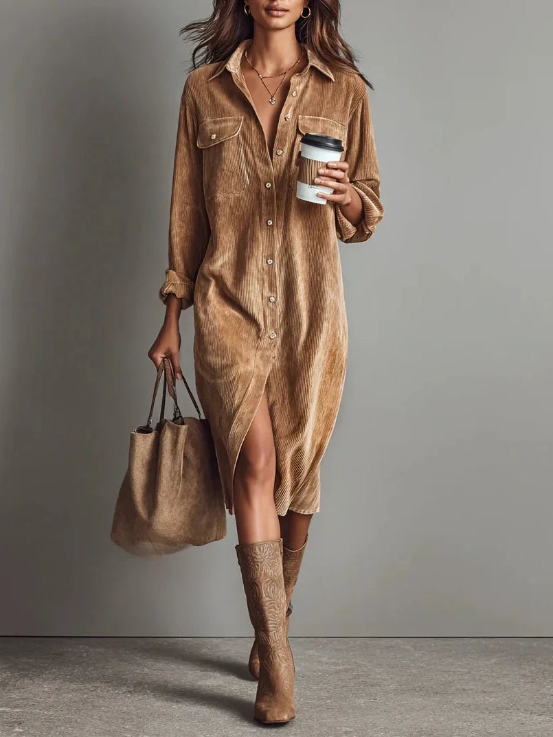 Vestido midi de bombazine com abotoamento simples e solto