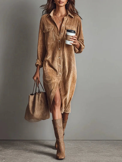 Vestido midi de bombazine com abotoamento simples e solto