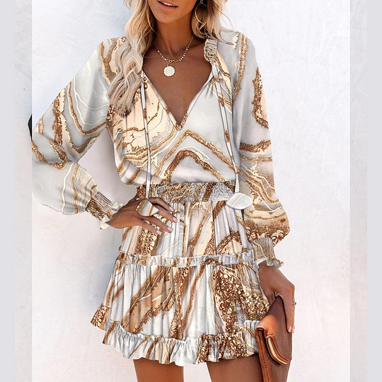 ⏳Por tempo limitado, 50% de desconto⏰Vestido curto para mulher com decote em V, manga comprida e bainha com folhos👗