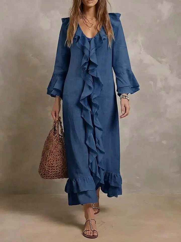 Vestido casual feminino moderno em algodão e linho
