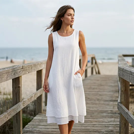 Vestido de mulher de algodão sem mangas com folhos em camadas