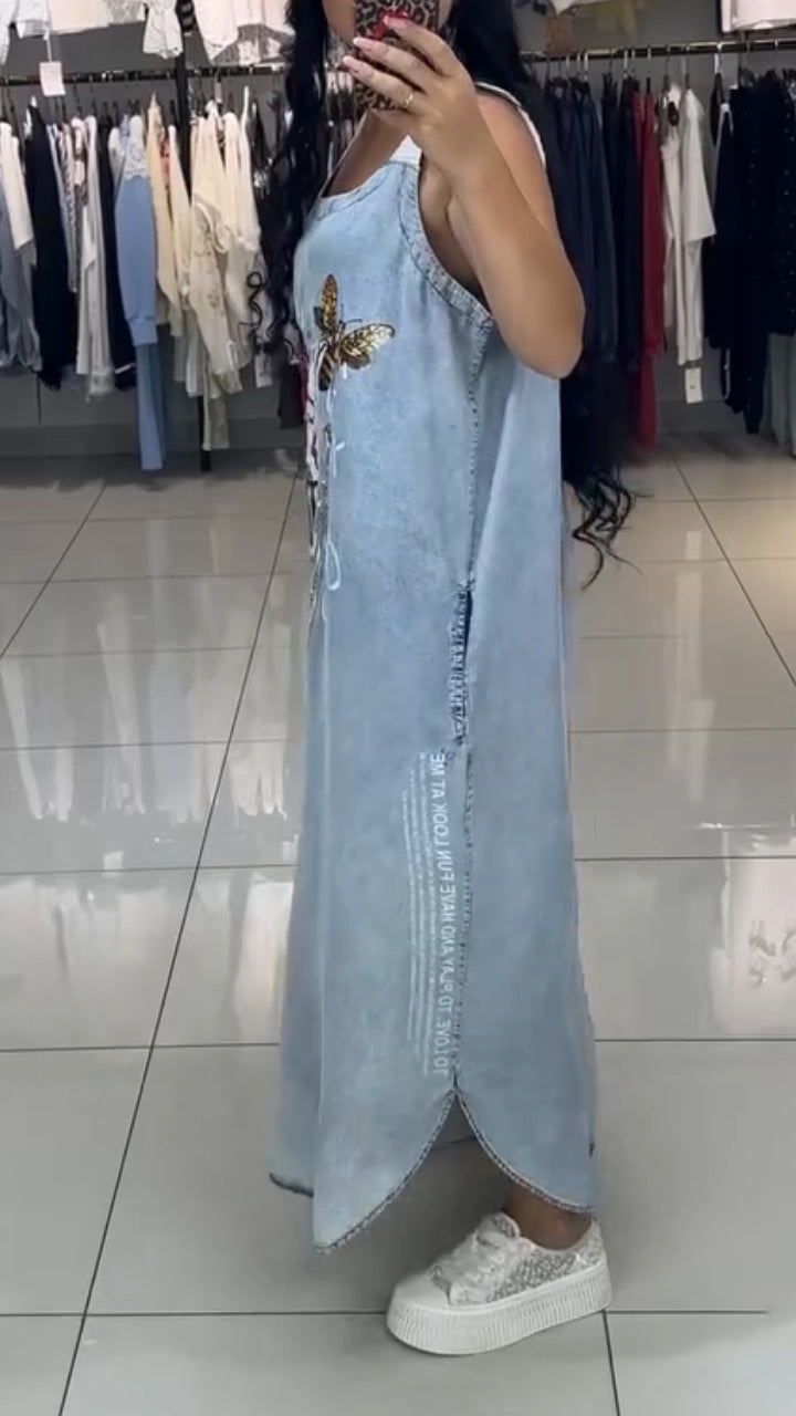 Vestido casual largo para mulher com decote em U e estampado Wash Water