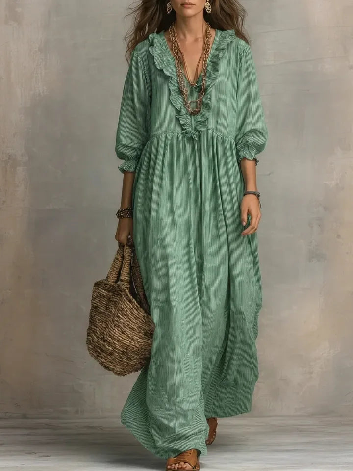 Vestido comprido feminino casual e elegante com estampado às riscas e folhos para férias