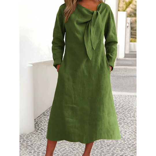 Vestido de cor sólida com decote redondo e manga comprida