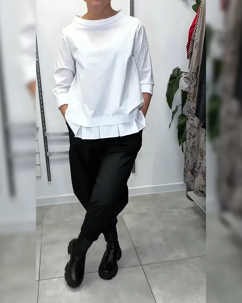 Blusa com gola larga, 100% algodão, cor lisa, estilo casual.