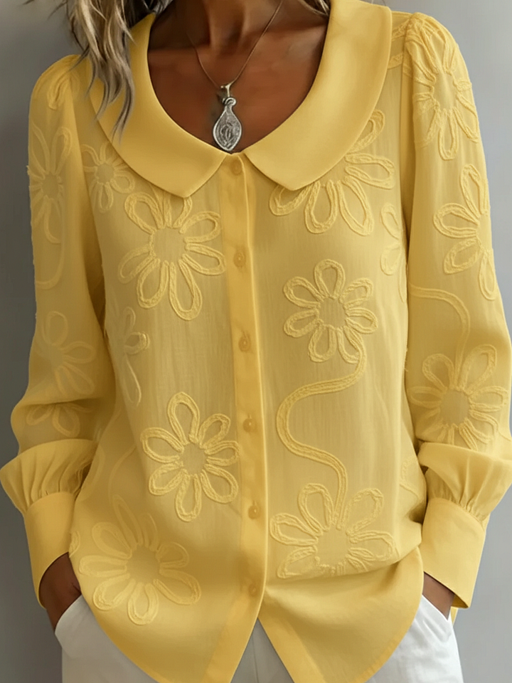 Camisola retro de gola redonda com bordado floral