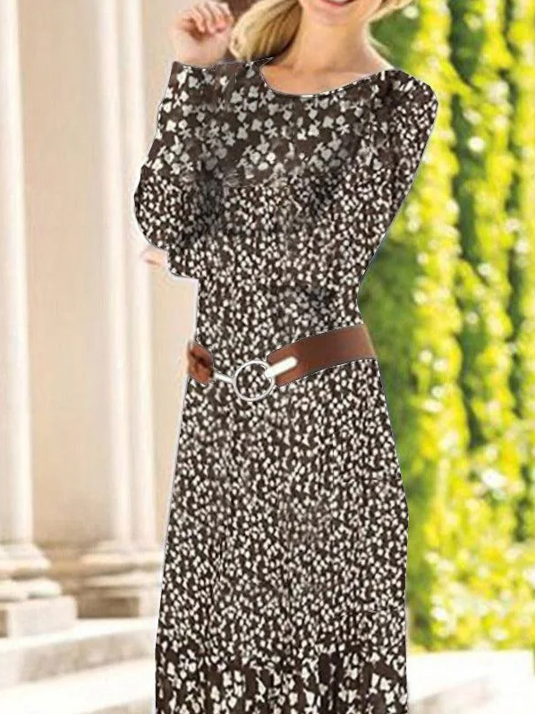 Vestido midi de malha floral primavera/outono de manga comprida para mulher