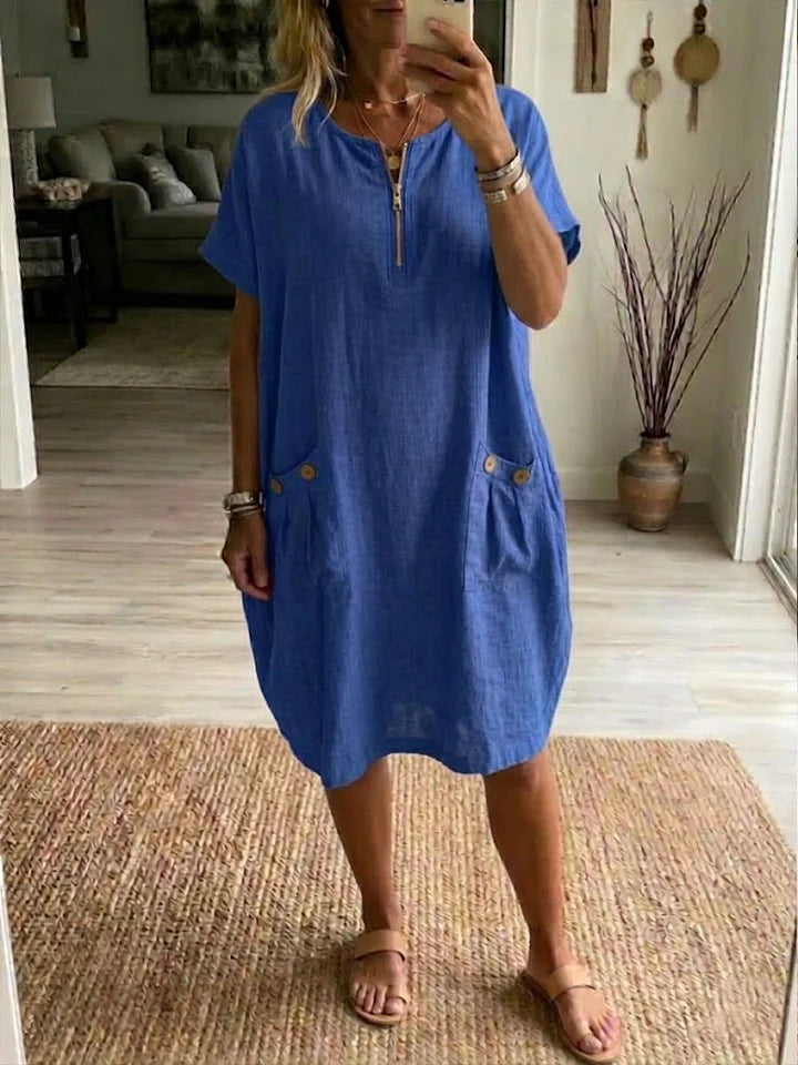 Vestido casual largo em linho e algodão com meio fecho