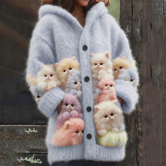 Cardigan com capuz fofo, macio e colorido com estampado de gatos