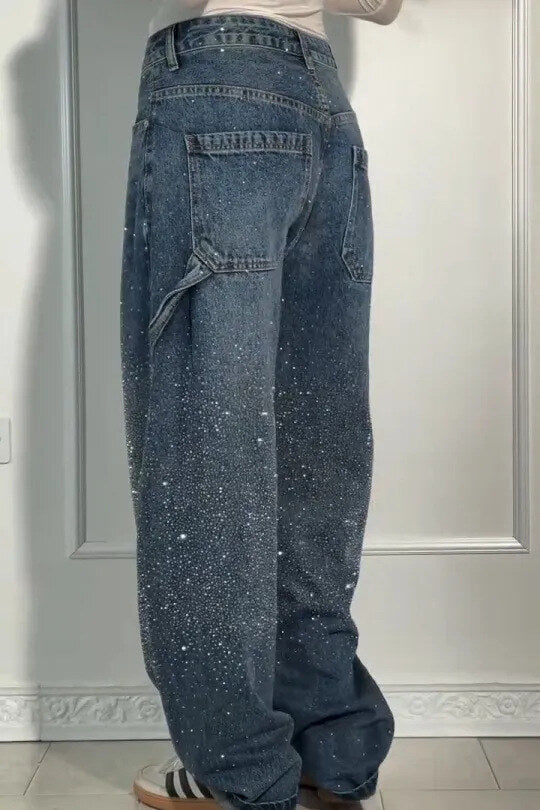 Jeans harém largos para mulher com strass